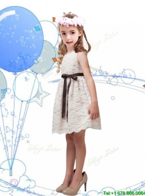 Perfect Scoop Champagne Girls Party Dress with Sashes and Lace