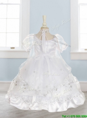 Perfect Scoop Short Sleeves Flower Girl Dress with Bowknot and Embroidery