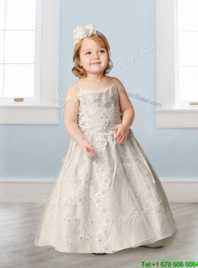 Perfect Spaghetti Straps Beading and Appliques Flower Girl Dress in Champagne