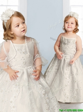 Perfect Spaghetti Straps Beading and Appliques Flower Girl Dress in Champagne