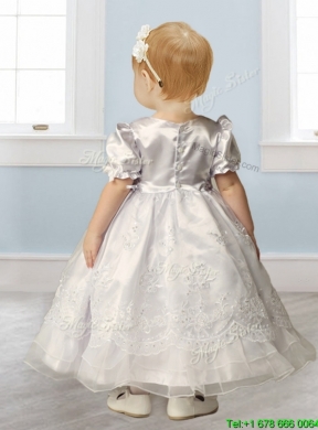 Popular Scoop Short Sleeves Flower Girl Dress with Beading and Appliques