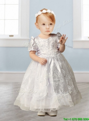 Popular Scoop Short Sleeves Flower Girl Dress with Beading and Appliques