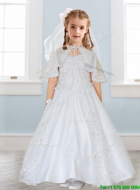 Popular Spaghetti Straps Satin Flower Girl Dress with Lace and Beading