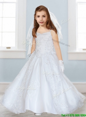 Popular Spaghetti Straps Satin Flower Girl Dress with Lace and Beading