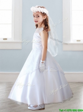 See Through Scoop Cap Sleeves Flower Girl Dress with Lace