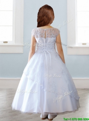 See Through Scoop Cap Sleeves Flower Girl Dress with Lace