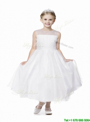 See Through Scoop Organza White Flower Girl Dress in Tea Length