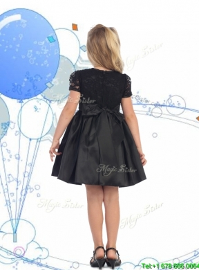 See Through Scoop Short Sleeves Lace and Belt Girls Party Dress in Black