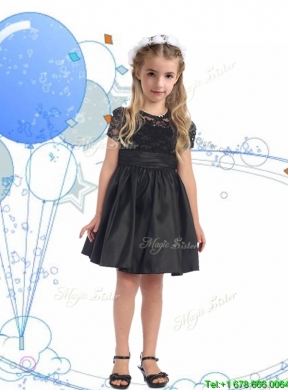 See Through Scoop Short Sleeves Lace and Belt Girls Party Dress in Black