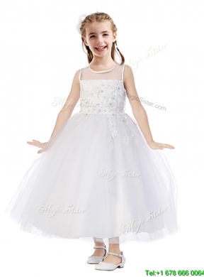 See Through Scoop Tulle Flower Girl Dress with Appliques and Beading