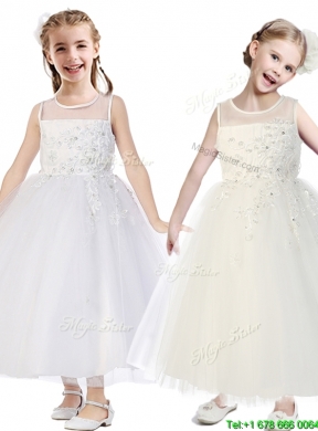 See Through Scoop Tulle Flower Girl Dress with Appliques and Beading