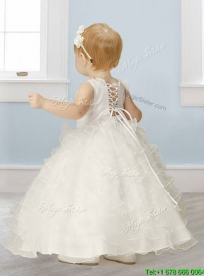 Sweet Asymmetrical Neckline Flower Girl Dress with Appliques and Ruffled Layers