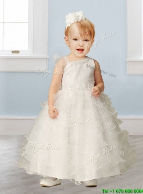 Sweet Asymmetrical Neckline Flower Girl Dress with Appliques and Ruffled Layers