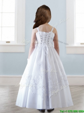 Top Selling Spaghetti Straps White Flower Girl Dress with Appliques