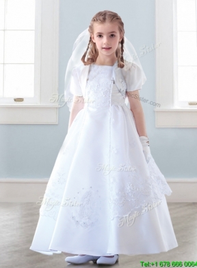 Top Selling Spaghetti Straps White Flower Girl Dress with Appliques