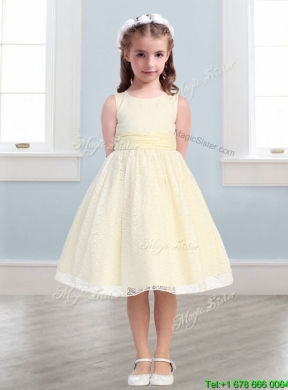 New Style Scoop Flower Girl Dress with Lace and Belt