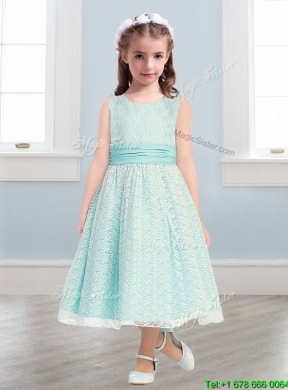 New Style Scoop Flower Girl Dress with Lace and Belt