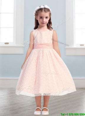 New Style Scoop Flower Girl Dress with Lace and Belt