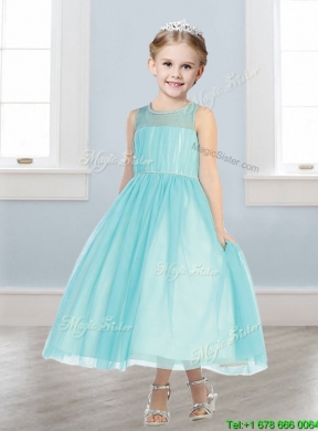 See Through Scoop Tulle Flower Girl Dress with Beading