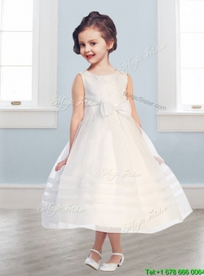 Wonderful Scoop Tulle Bowknot Flower Girl Dress in Champagne