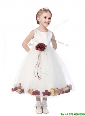 Wonderful Tulle Scoop Flower Girl Dress with Hand Made Flowers and Appliques