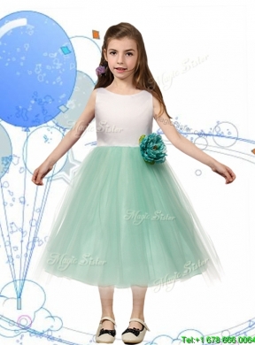 Comfortable Scoop Hand Made Flowers and Bowknot Mini Quinceanera Dress in Apple Green