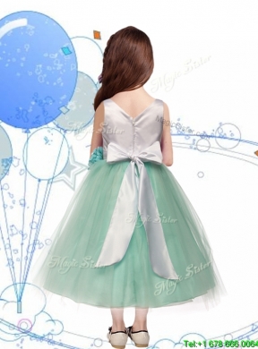 Comfortable Scoop Hand Made Flowers and Bowknot Mini Quinceanera Dress in Apple Green