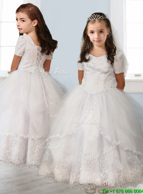 Best Square Short Sleeves White Mini Quinceanera Dress with Beading and Appliques