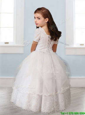 Best Square Short Sleeves White Mini Quinceanera Dress with Beading and Appliques