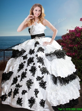 Cheap Black and White Quinceanera Gown with Appliques and Ruffled Layers