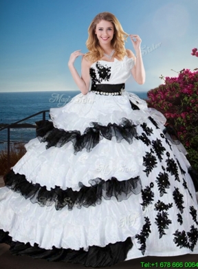 Cheap Black and White Quinceanera Gown with Appliques and Ruffled Layers