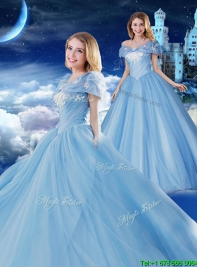 Elegant Off the Shoulder Applique Sweet 15 Gown with Brush Train