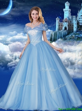 Elegant Off the Shoulder Applique Sweet 15 Gown with Brush Train