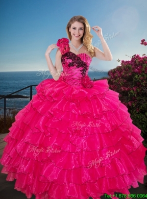 Elegant One Shoulder Sweet 15 Gown with Ruffled Layers and Handmade Flowers