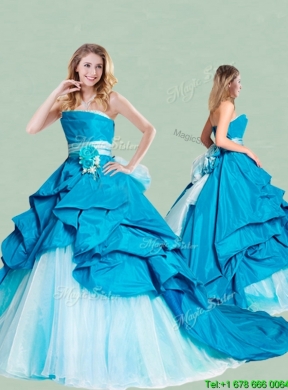 Exclusive Strapless Brush Train Quinceanera Dress with Handcrafted Flowers and Ruffles