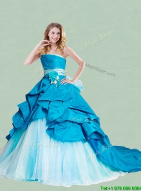 Exclusive Strapless Brush Train Quinceanera Dress with Handcrafted Flowers and Ruffles