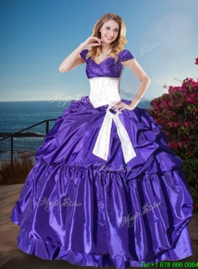 Gorgeous Off the Shoulder Belted and Bubble Sweet 15 Gown with Cap Sleeves