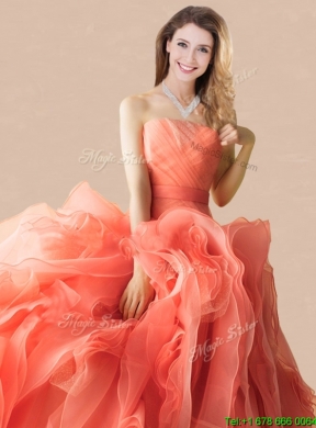 Lovely Rolling Flowers Brush Train Orange Red Quinceanera Gown