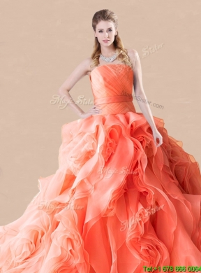 Lovely Rolling Flowers Brush Train Orange Red Quinceanera Gown