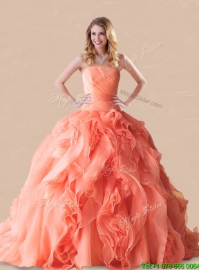 Lovely Rolling Flowers Brush Train Orange Red Quinceanera Gown