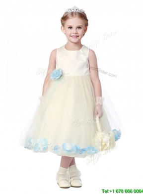 Lovely Tea Length Scoop Mini Quinceanera Dress with Hand Made Flowers and Appliques