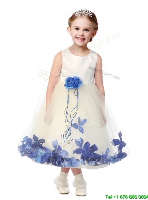 Lovely Tea Length Scoop Mini Quinceanera Dress with Hand Made Flowers and Appliques