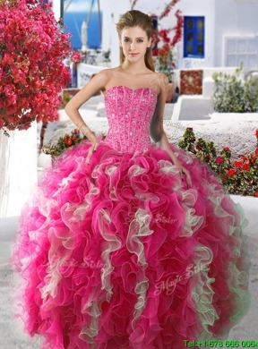 Elegant Rose Pink and White Organza Sweet 16 Dress with Beading and Ruffles