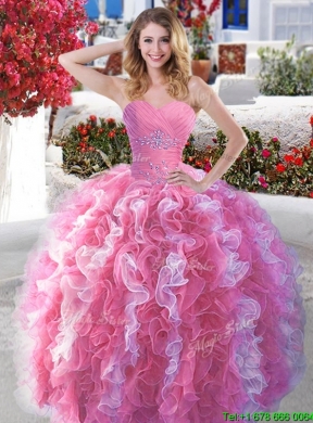 Elegant Rose Pink and White Sweet 16 Dress with Beading and Ruffles