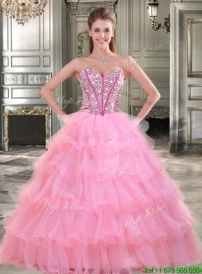 Exquisite Rose Pink Quinceanera Dress with Beading and Ruffled Layers