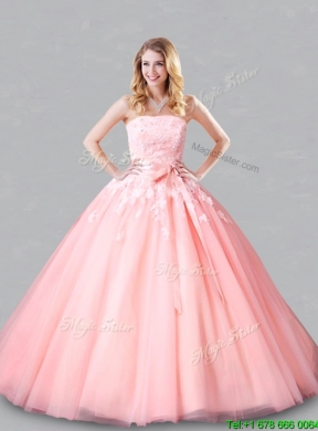 Gorgeous Belted and Applique Court Train Quinceanera Gown in Baby Pink