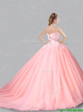 Gorgeous Belted and Applique Court Train Quinceanera Gown in Baby Pink