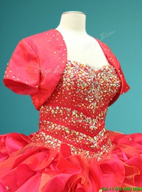 In Stock Beaded Bodice and Ruffled Sweet 15 Gown in Red