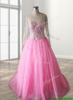 Modest See Through Scoop Long Sleeves Beaded Quinceanera Dress in Rose Pink