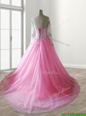 Modest See Through Scoop Long Sleeves Beaded Quinceanera Dress in Rose Pink